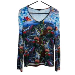 Aventures des Toiles Top Womens 38 Multicolor Art Print V Neck Long Sleeve Tee